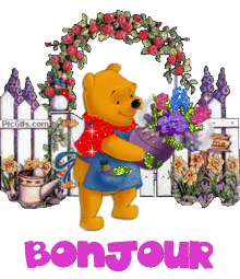 Gif animé bonjour ours et fleurs